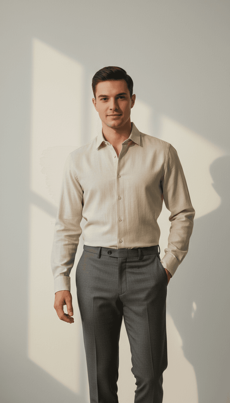 Young man in tailored trousers and premium button-up shirt standing confidently against minimalist background